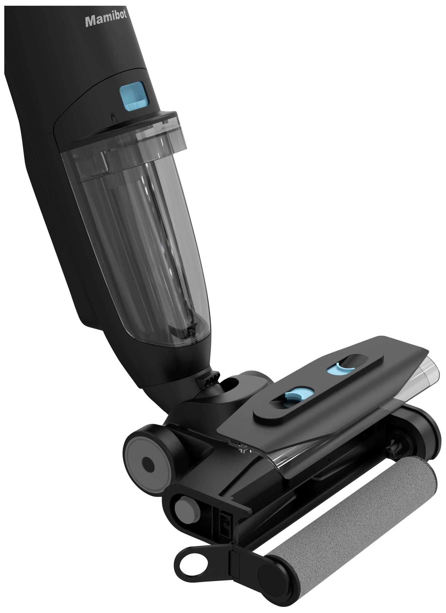 Ein schwarzer, kabelloser Staubsauger mit blauer Taste und transparenter Staubbehälter, ausgerichtet für Bodenreinigung.