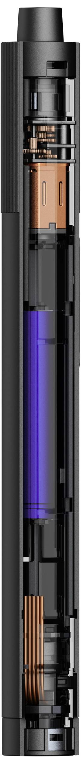 Querschnitt einer Batterie mit sichtbaren Komponenten wie Kupferdrähten, einer blauen Energiezelle und schwarzen Gehäuseteilen.