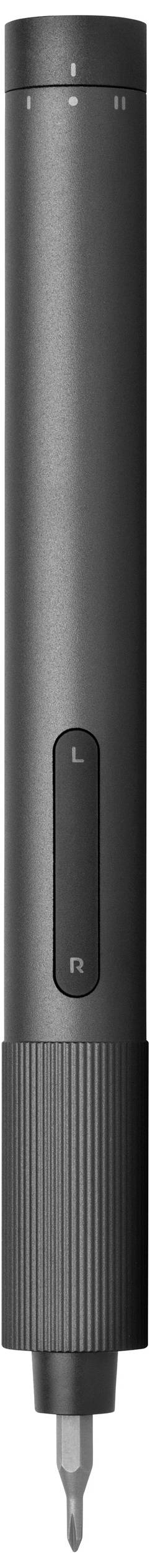 Schwarzer, zylindrischer elektronischer Schraubendreher mit drehbarem Kopf und Knopf zur Steuerung der Drehrichtung.