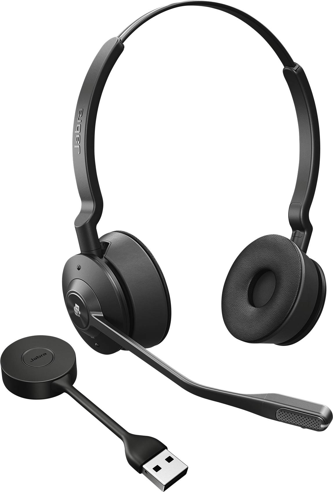 Schwarzes kabelloses Headset mit zwei Ohrmuscheln und einem verstellbaren Mikrofonarm, neben einem USB-Ladekabel.