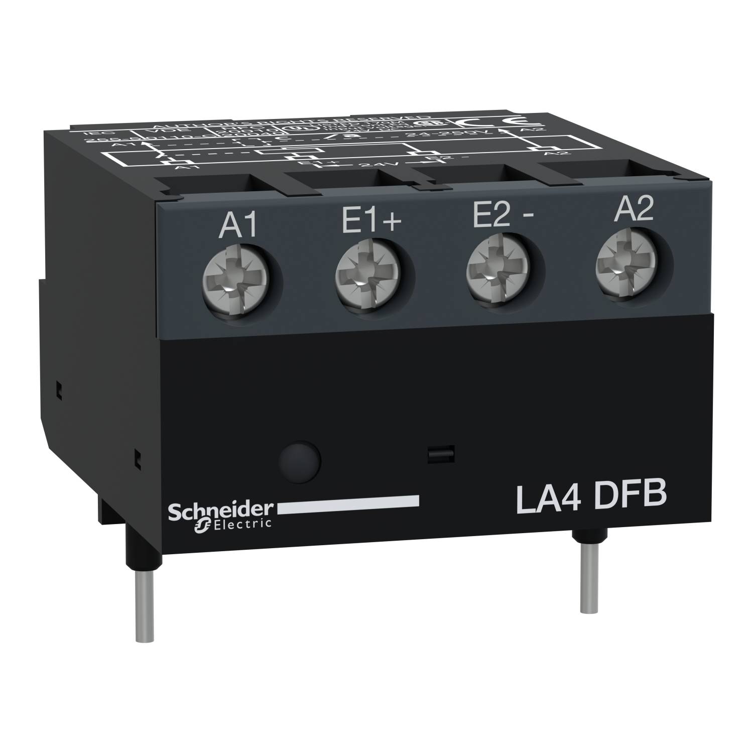 Elektrisches Bauteil von Schneider Electric mit der Bezeichnung 'LA4 DFB', zeigt Anschlussklemmen A1, E1+, E2-, A2.