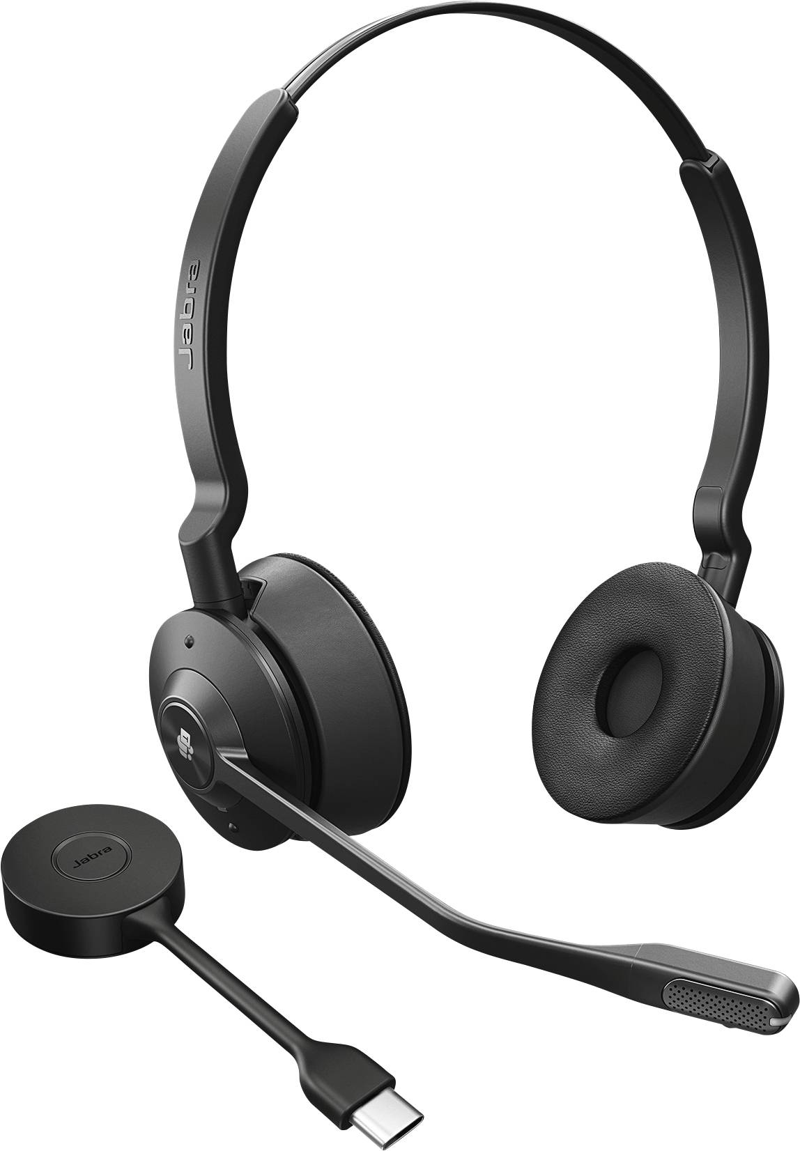 Schwarzes kabelloses Headset mit Mikrofon und USB-C-Dongle, geeignet für Computer und mobile Geräte.