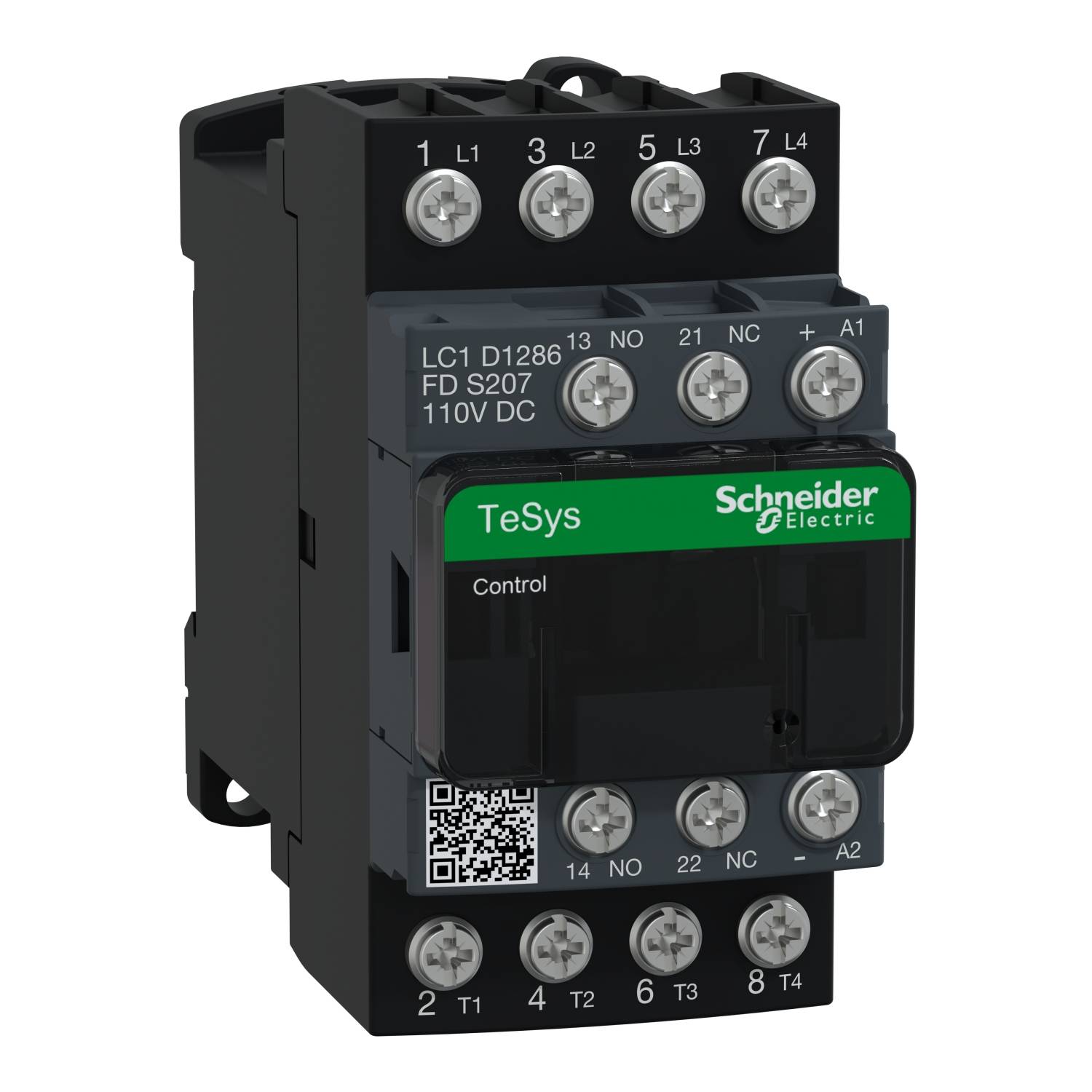 'Schneider Electric' TeSys Schütz, Modell LC1 D1286, 110V DC. Schwarzes Gehäuse mit acht oberen und sechzehn unteren Anschlussklemmen.