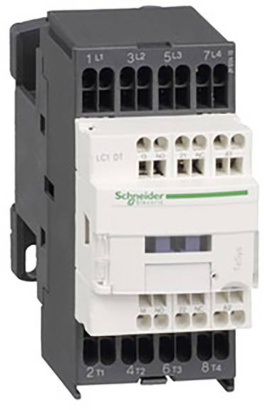 Ein elektrischer Schütz von Schneider Electric, montiert in einem schwarzen Gehäuse, mit mehreren Anschlussklemmen oben und unten.