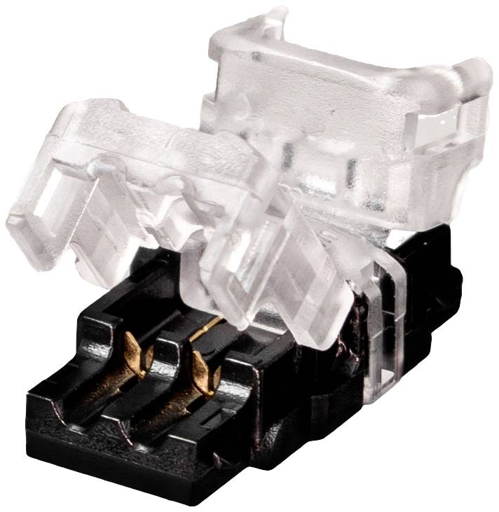 Ein transparenter Clip ist an einem schwarzen Steckverbinder befestigt.