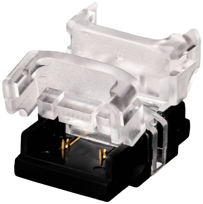 Ein transparenter Kunststoffstecker mit metallischen Kontakten, geeignet für elektrische Verbindungen.