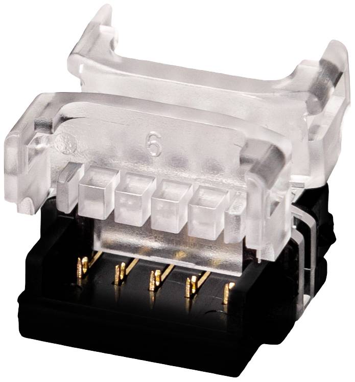 Ein RJ45-Netzwerkstecker mit durchsichtiger Kunststoffabdeckung und goldenen Kontakten wird dargestellt.