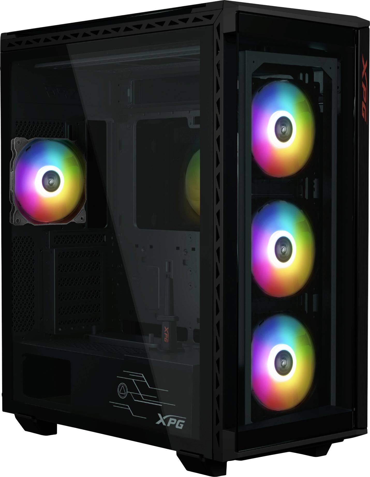 Schwarzes PC-Gehäuse mit Seitenfenster. Vier interne Lüfter leuchten in Regenbogenfarben.