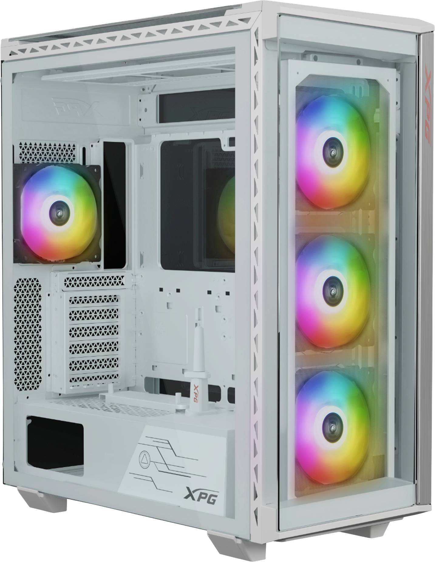 Weißes PC-Gehäuse mit vier leuchtenden RGB-Lüftern, zwei vorne und einer hinten. Glasseitenwand bietet Sicht auf das Innere.