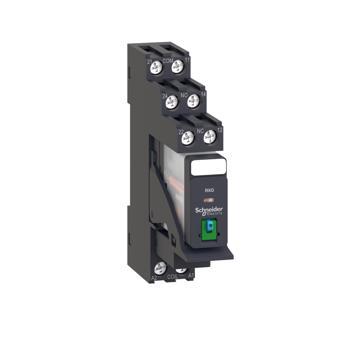 Ein schmaler, schwarzer Schütz von Schneider Electric mit grüner LED-Anzeige, geeignet für den Einsatz in industriellen Schaltungen.
