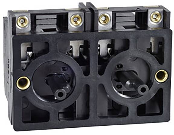 Schwarze Kunststoffeinstellung mit zwei kreisförmigen Steckdosen und Metallkontakten, zur elektrischen Verbindung.