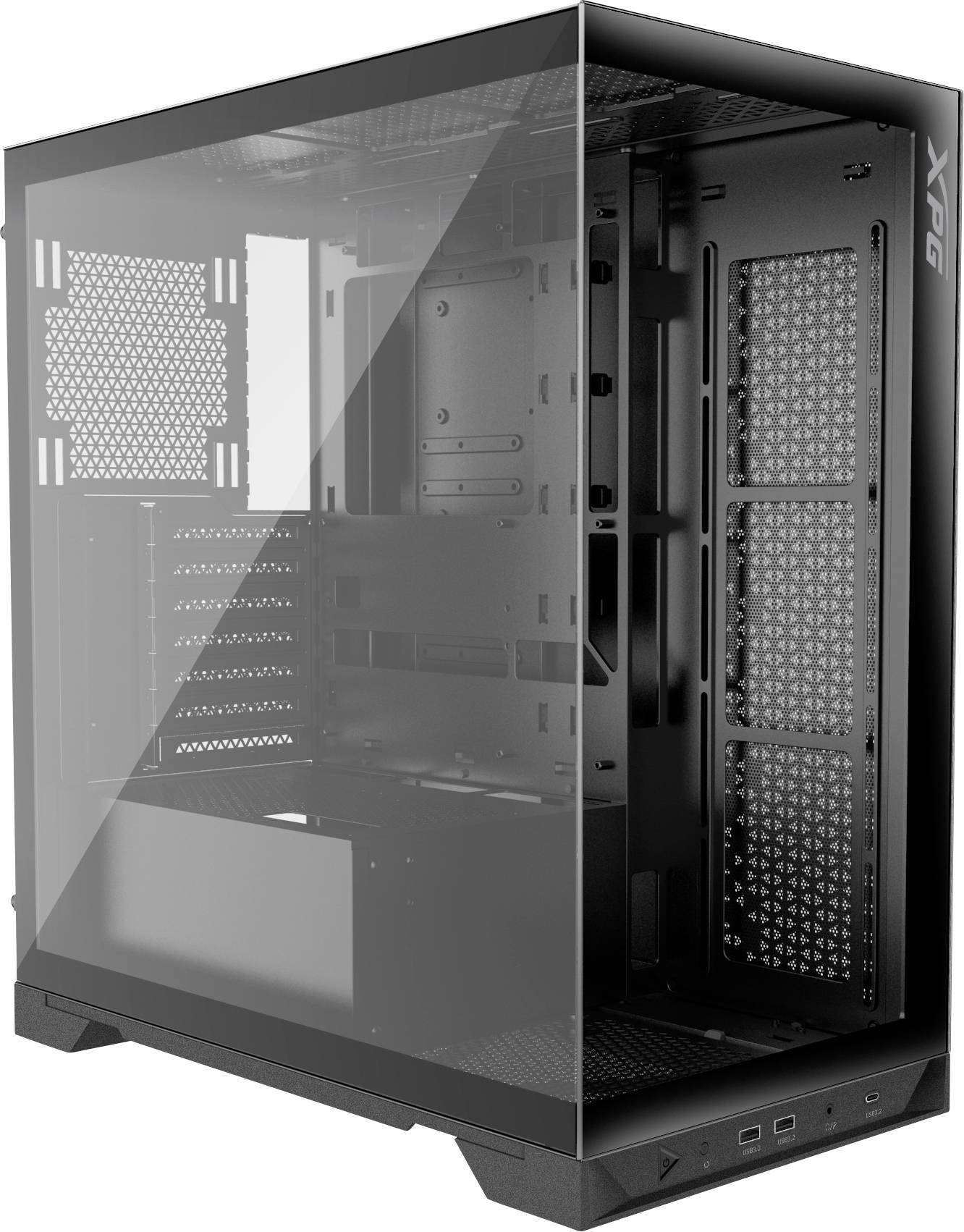 Ein schwarzes PC-Gehäuse mit transparentem Seitenteil. Es zeigt ein geräumiges Inneres für Computerhardware, Marke XPG.