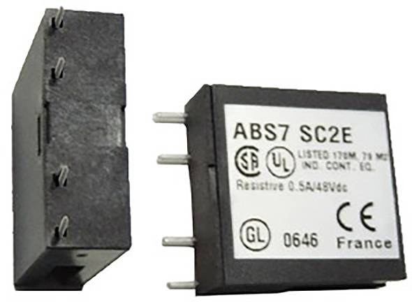 'ABS7 SC2E' Relaismodule mit elektrischen Anschlussstiften und Sicherheitszertifikaten auf dem Etikett. Herkunftsland: Frankreich.