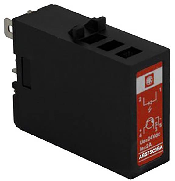 Schwarzes elektrisches Relais mit rotem Etikett, zeigt Symbole und Kennzeichnungen für technische Spezifikationen.