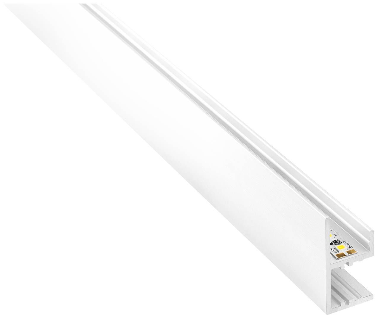 Ein weißes LED-Aluminiumprofil mit einer langgestreckten, schmalen Form. Es wird zum Einbau von LED-Streifen in Möbel oder Architektur verwendet.