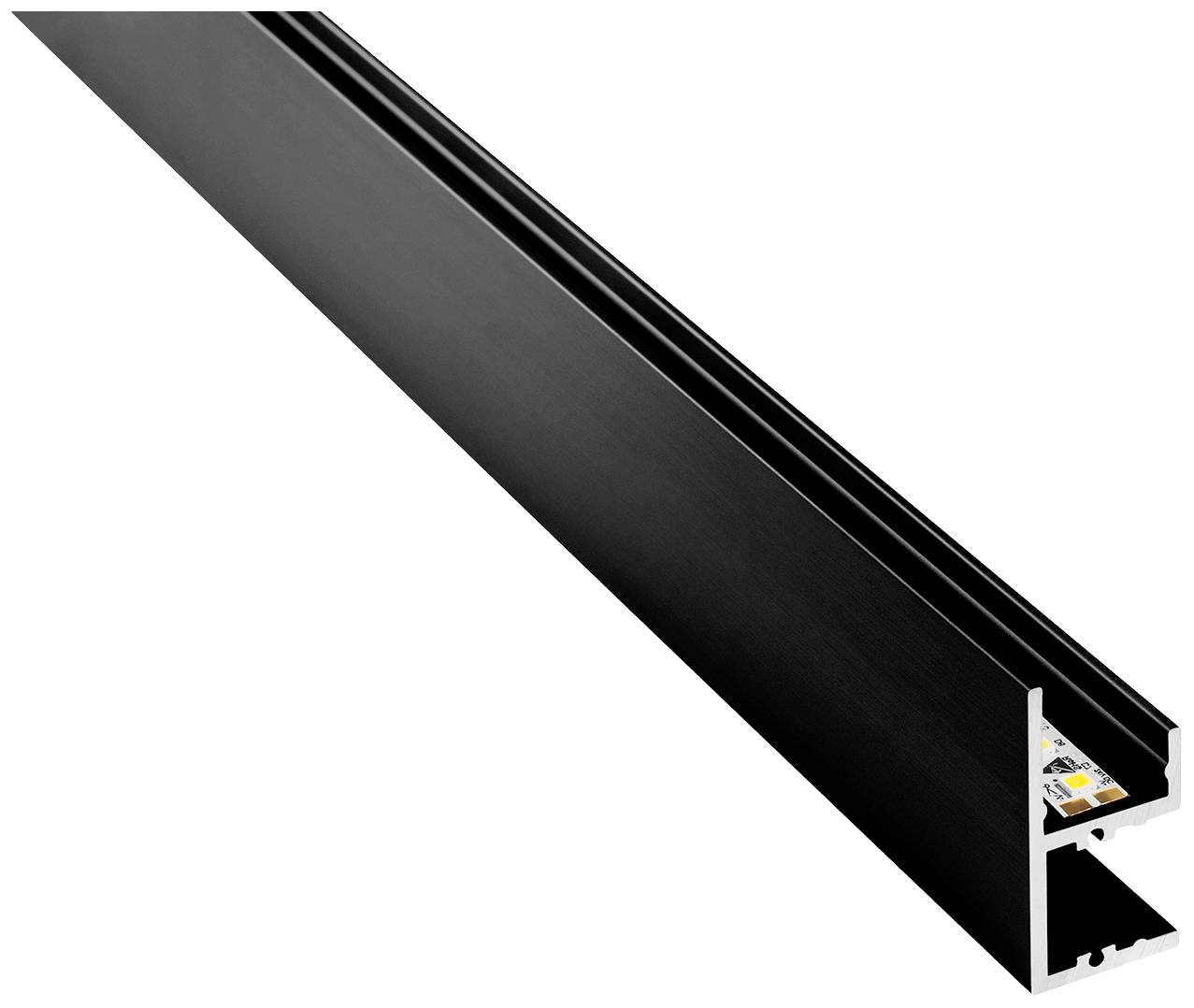 Ein schwarzes Aluminiumprofil zur Befestigung und Montage von LED-Strips, mit offener Seite zur Sicht auf die Leuchtstreifen.