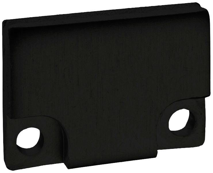 Schwarzes rechteckiges Metallstück mit zwei Löchern, vermutlich Teil einer Halterung oder Befestigung.