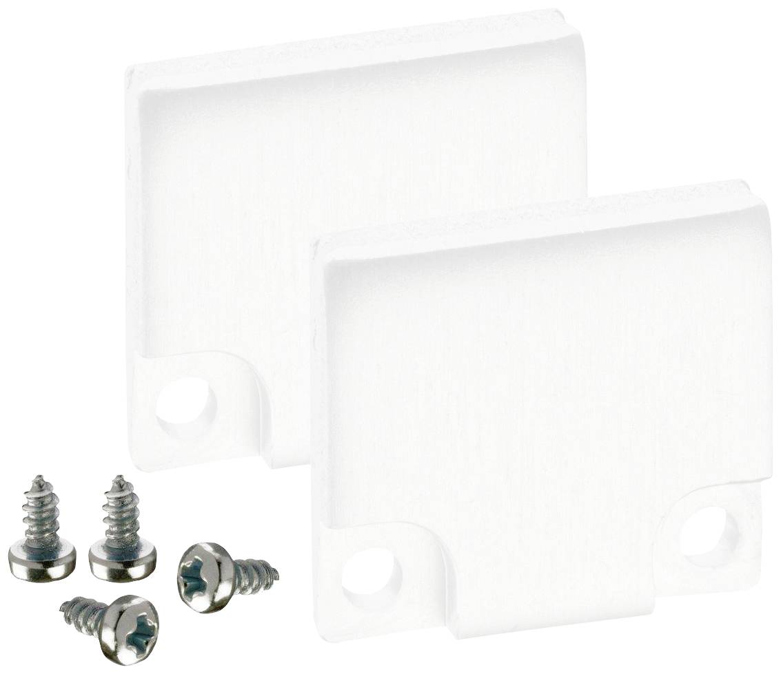 Zwei weiße Befestigungsclips mit vier Schrauben, die zum sicheren Fixieren von Gegenständen verwendet werden.