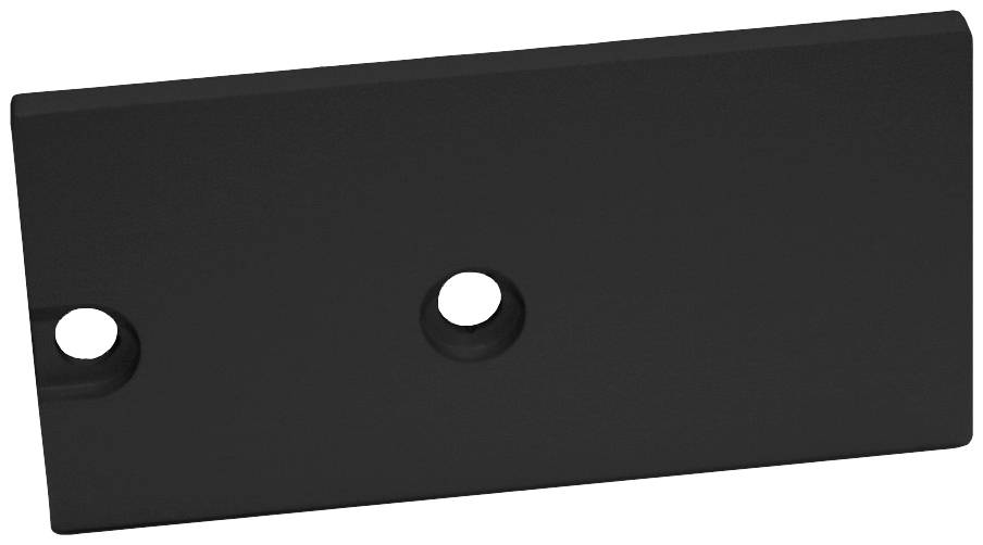 Schwarze rechteckige Metallplatte mit zwei Löchern, eines links und eines zentral positioniert.
