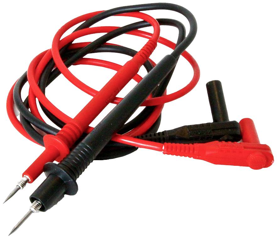 Ein rotes und ein schwarzes Messkabel mit Spitzen und Krokodilklemmen, die für elektrische Messungen verwendet werden.