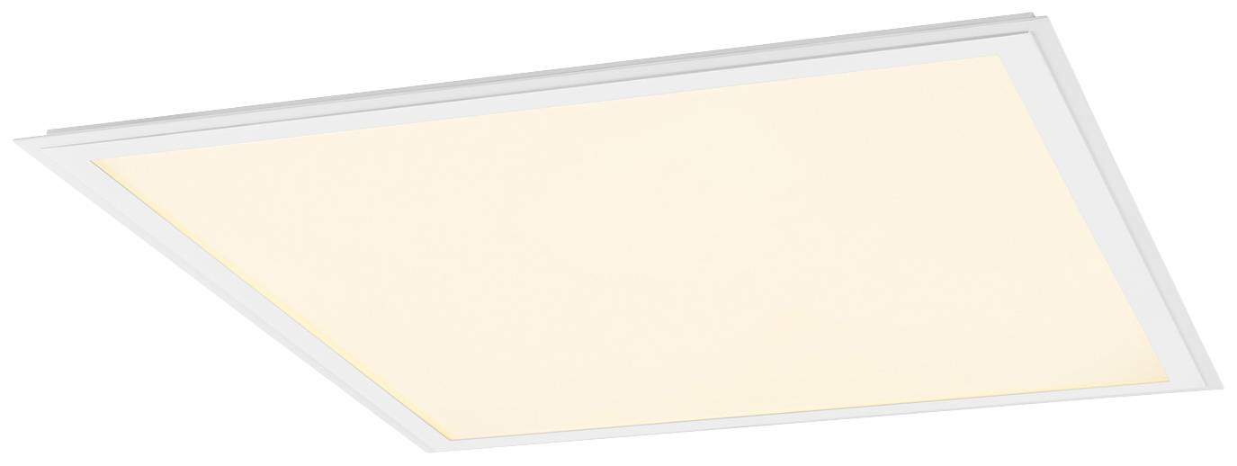 Ein rechteckiges LED-Panel, rahmenlos mit gleichmäßiger, warmweißer Beleuchtung, geeignet für moderne Innenräume.