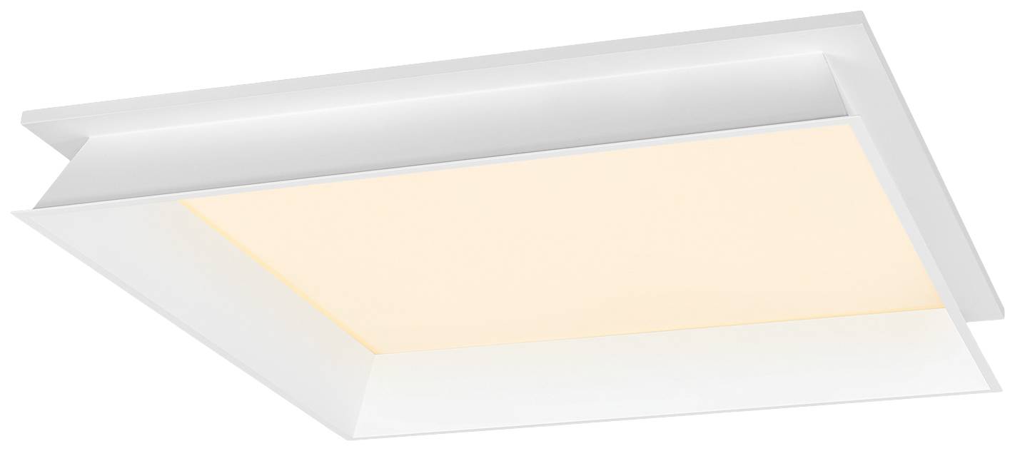 Weiße LED-Deckenleuchte mit rechteckigem, flachem Design. Energiesparend und modern, ideal für gleichmäßige Raumbeleuchtung.