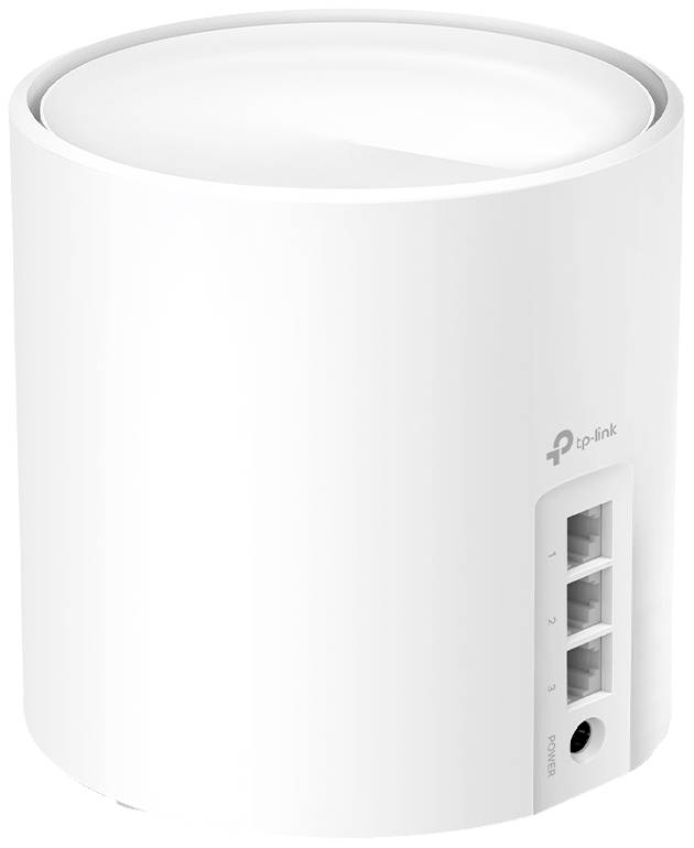 Weißer TP-Link-Router in zylindrischer Form mit mehreren Ethernet-Ports, geeignet für die Verbesserung der Netzwerkverbindung im Haushalt.