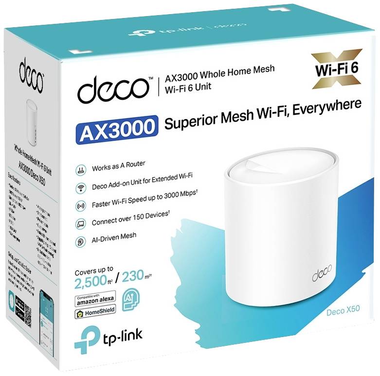 Verpackung eines WLAN-Mesh-Systems von TP-Link; Modell Deco AX3000, Wi-Fi 6, deckt bis zu 230 m² ab, verbinde über 150 Geräte.