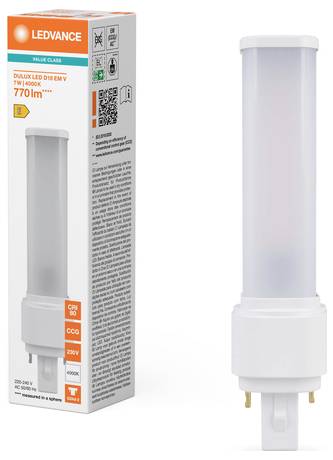 Eine LEDVANCE LED-Lampe, die außerhalb ihrer Verpackung gezeigt wird. Die Verpackung hebt Eigenschaften wie 770 lm Helligkeit, 7W Leistung und 4000K Farbtemperatur hervor.