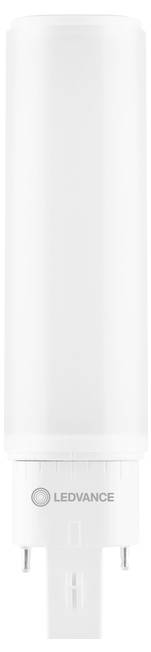 Eine weiße LED-Glühbirne mit kompaktem Design und zwei Metallstiften an der Unterseite. 