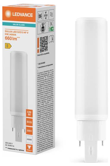 'LEDVANCE DULUX LED DE/13 HF V, 6W, 4000K, 660lm' Text auf der Verpackung. Kompakte weiße LED-Glühbirne neben einer orange-weißen Schachtel.