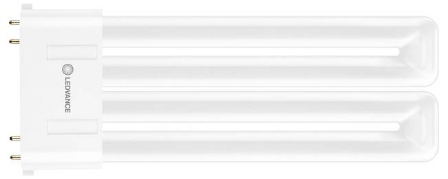 Eine weiße LED-Röhrenleuchte mit rechteckiger Basis, die zwei parallele Röhren aufweist. Die Basis trägt den Markennamen „LEDVANCE