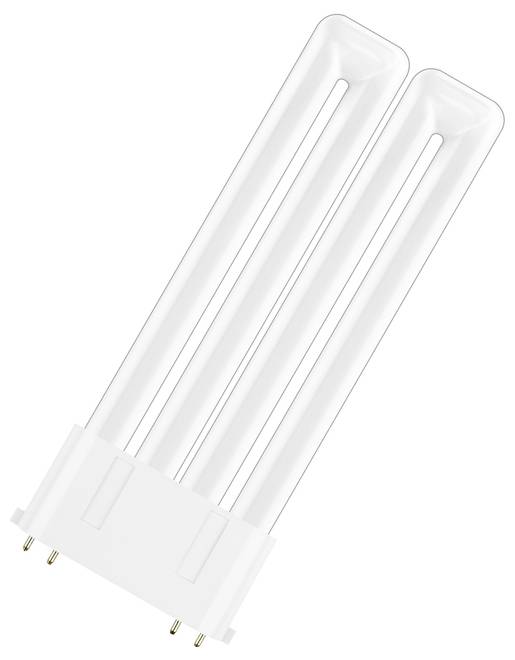 Eine weiße, zweiröhrige Leuchtstofflampe mit vier Stiften an der Fassung, geeignet für energieeffiziente Beleuchtungseinrichtungen.