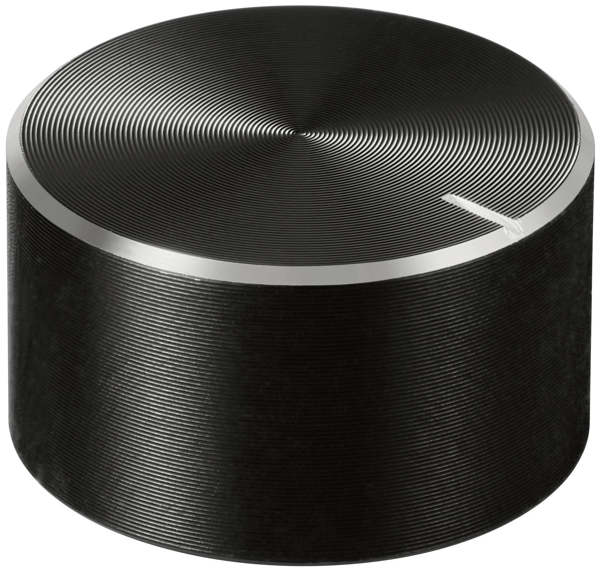Ein schwarzer, geriffelter Drehknopf mit metallischer Oberseite und einer kleinen Markierung zur Anzeige der Position.