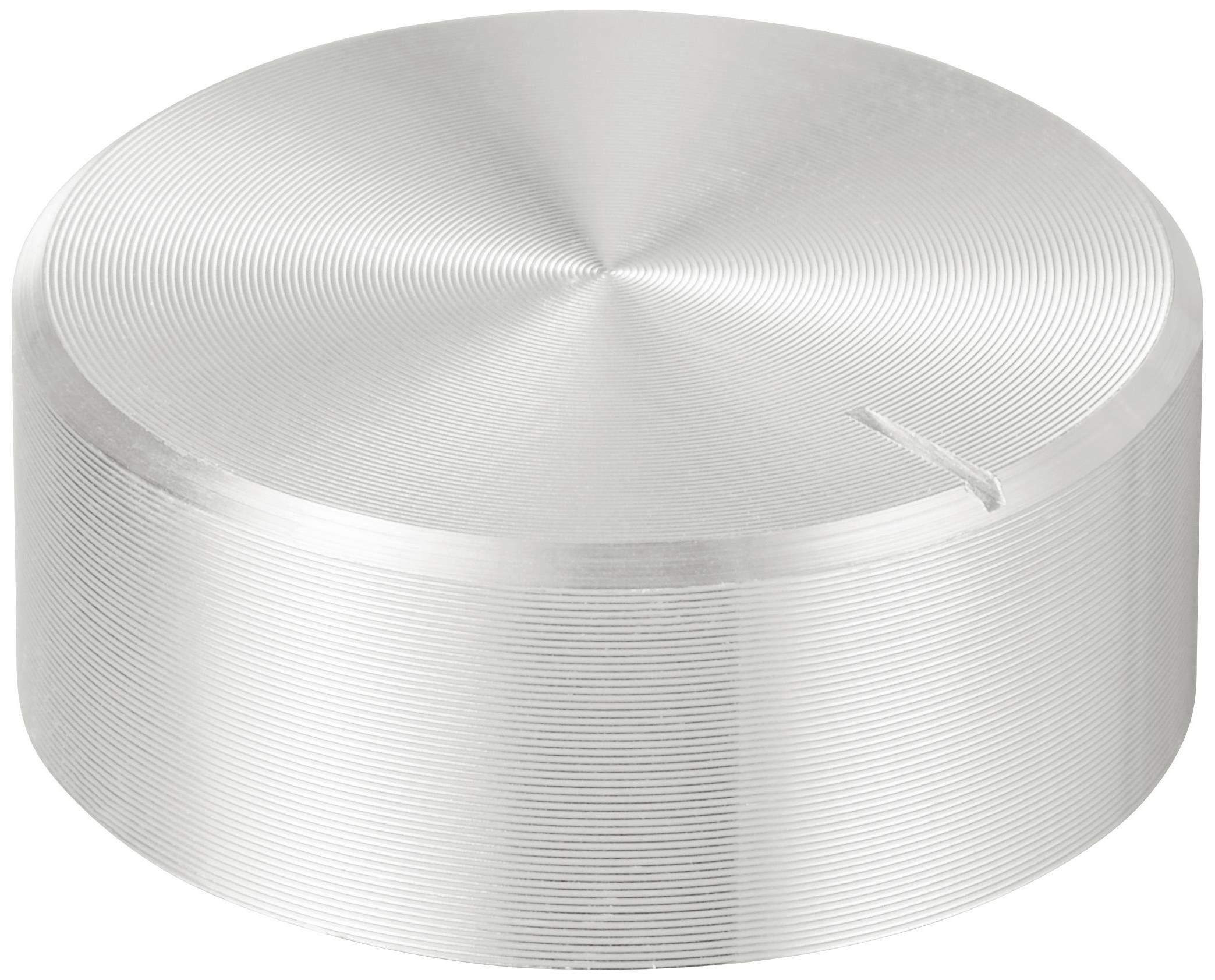 Ein silberner Metallknopf mit geriffelter Oberfläche, geeignet als Drehregler für elektronische Geräte oder Maschinen.