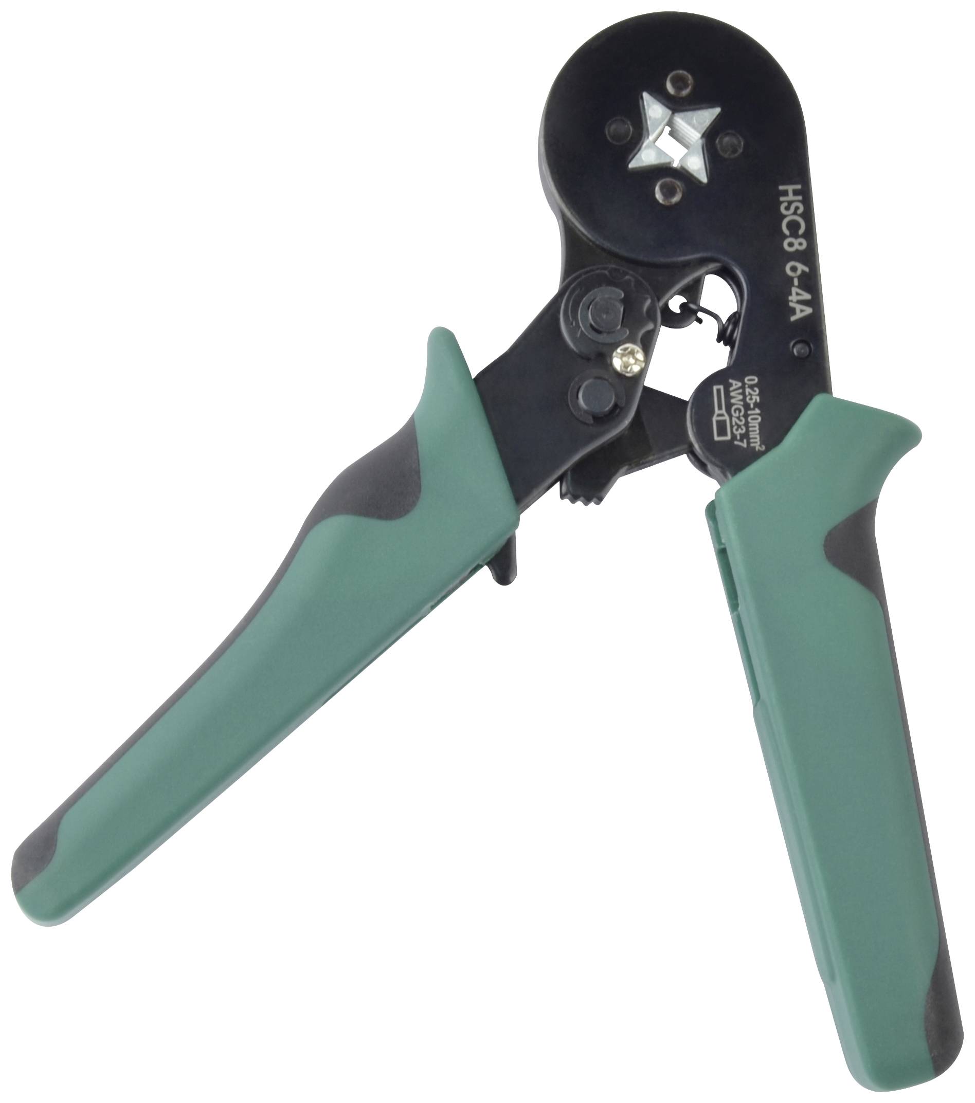 Eine grüne Crimpzange mit ergonomischen Griffen, geeignet zum Verpressen von Kabelverbindungen in elektrischen Anwendungen.