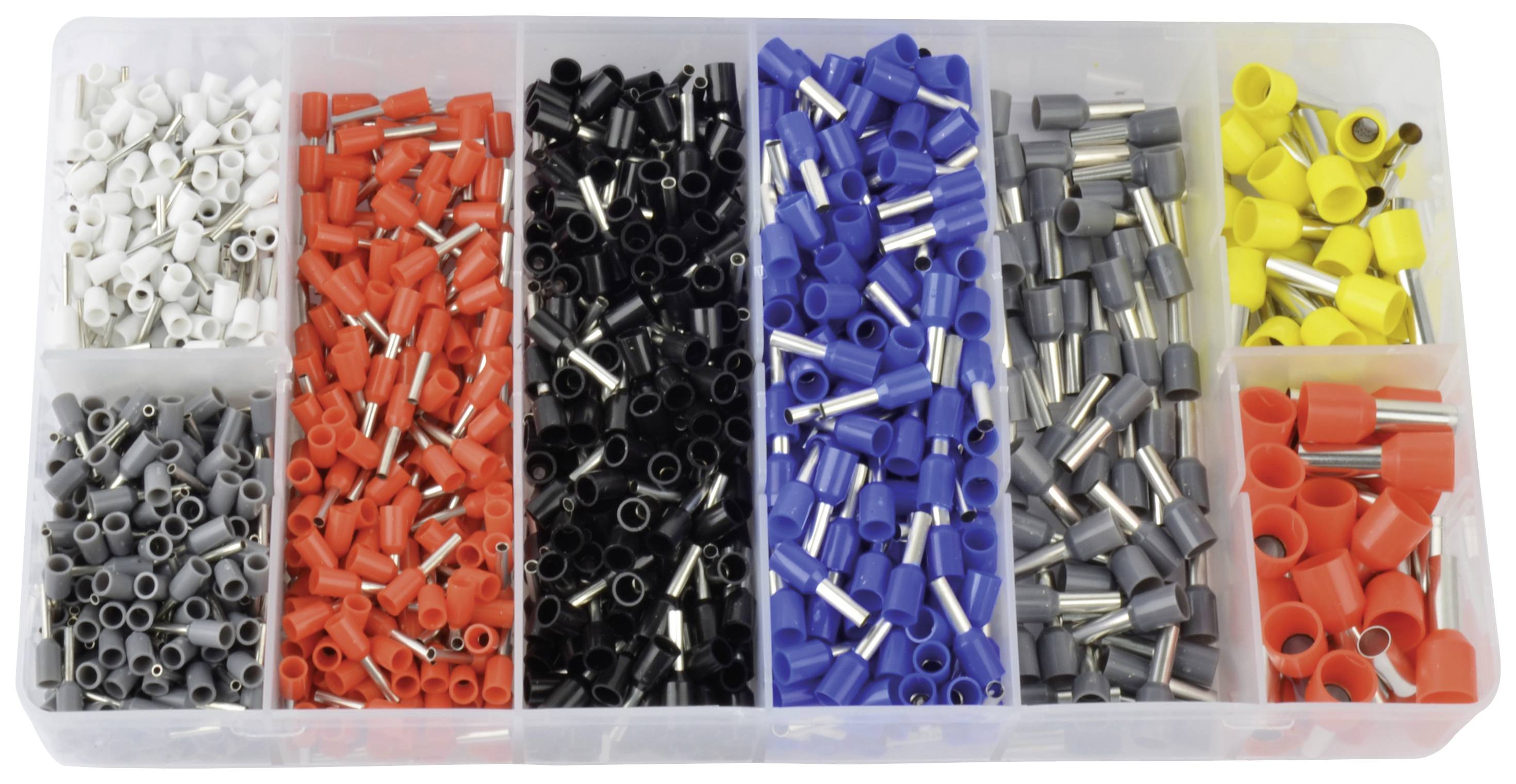 Ein Sortimentskasten mit verschiedenen farbigen Kabelschuhen, jeweils in separaten Fächern: weiß, grau, rot, schwarz, blau und gelb.