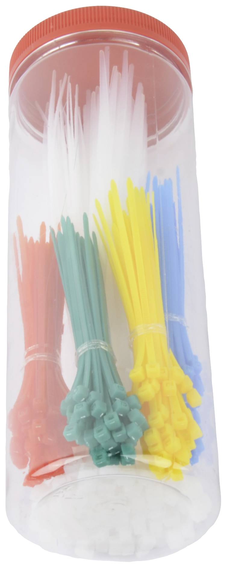 Ein transparenter Behälter mit rotem Deckel enthält Bündel von Kabelbindern in verschiedenen Farben: rot, grün, gelb, blau und weiß.