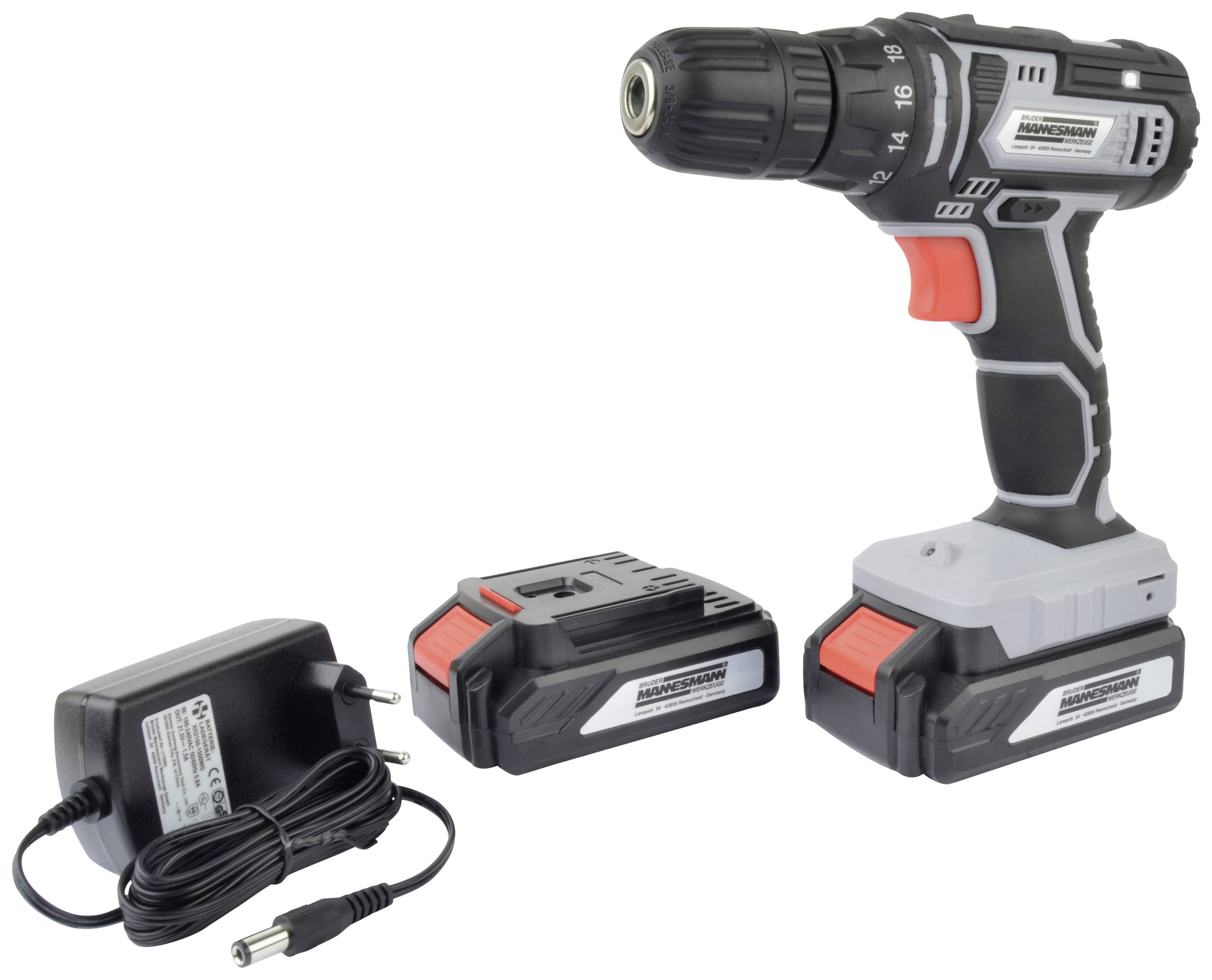 Akkubohrmaschine mit zwei Akkus und einem Ladegerät, geeignet für Bauprojekte und Heimwerkerarbeiten.