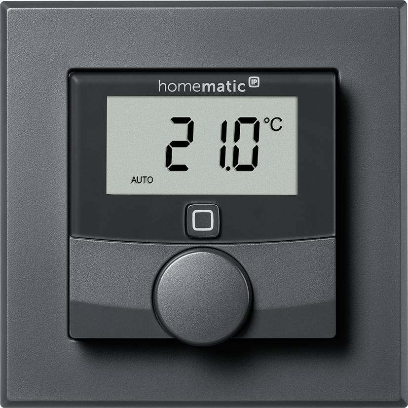 Thermostat mit Display zeigt '21,0°C'. Einstellung auf automatisch. Runder Drehknopf darunter, in einem dunklen Kunststoffrahmen.