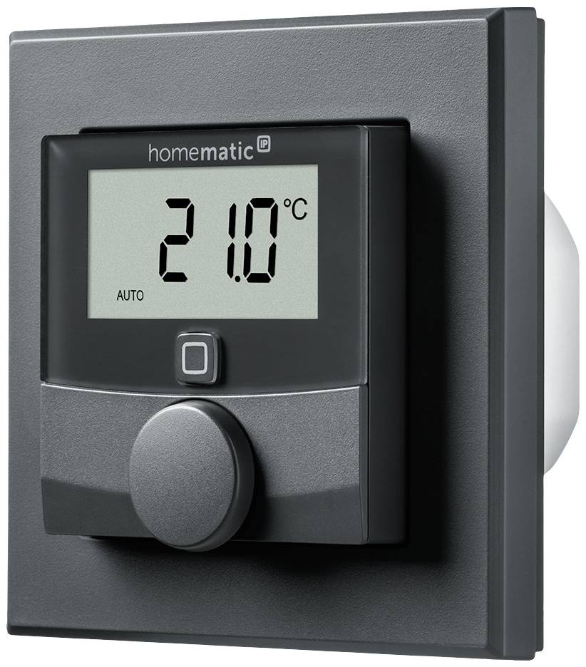 Digitales Raumthermostat mit Display zeigt '21,0°C'. Gehäuse in dunkler Farbe, Reglerknopf unten, Markenname oben.