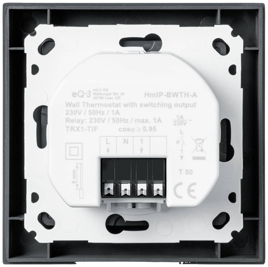 Ein Wandthermostat mit Schaltausgang, geeignet für 230V/50Hz, 1A. Zeigt Anschlussklemmen L, N und 1, maximal 1A Ausgang.
