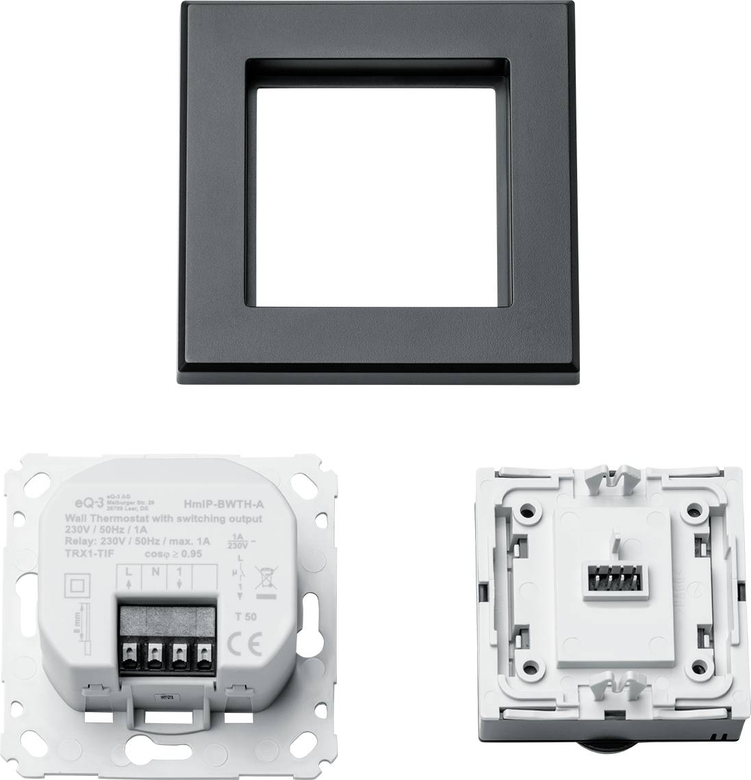 Thermostat-Bauteile: Schwarzer Rahmen, Thermostatmodul mit Anschlüssen, Montagerahmen. Dient der Temperatursteuerung.