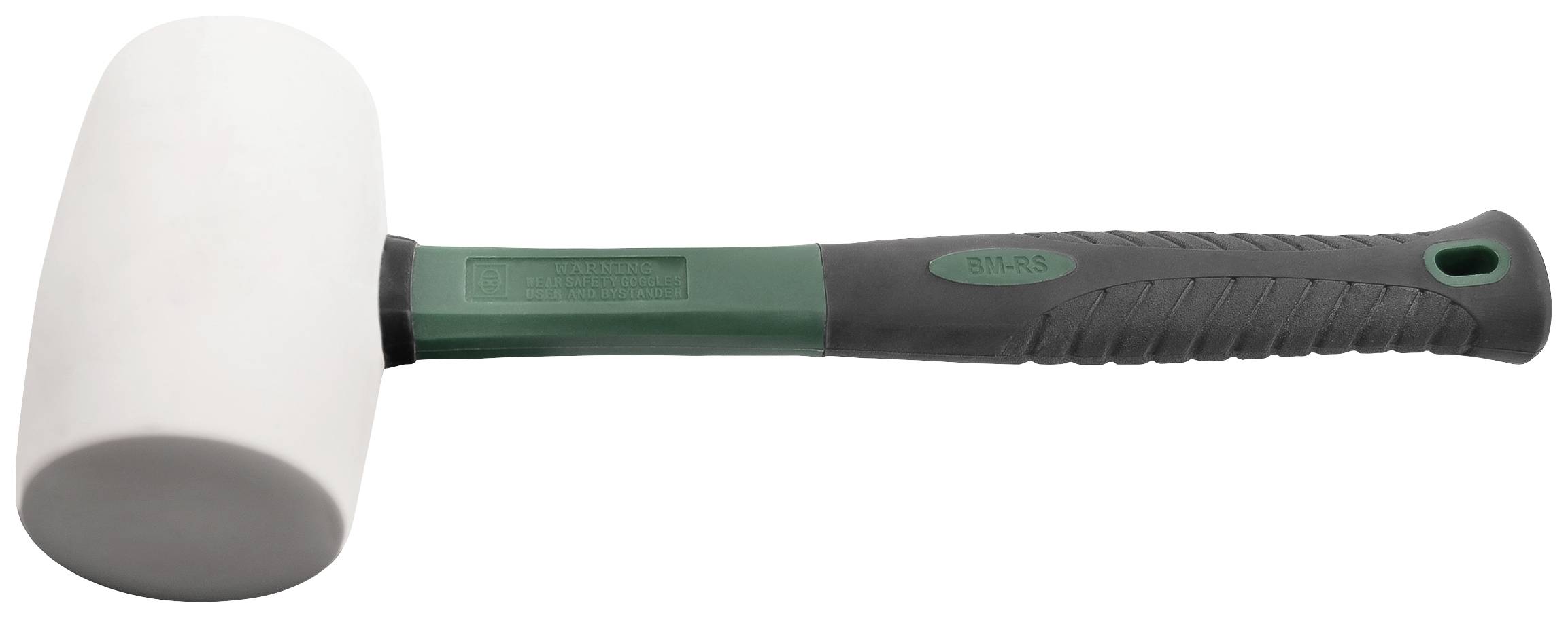 Ein Gummihammer mit weißem Kopf und grün-schwarzem Griff, geeignet für Bauarbeiten oder handwerkliche Tätigkeiten.