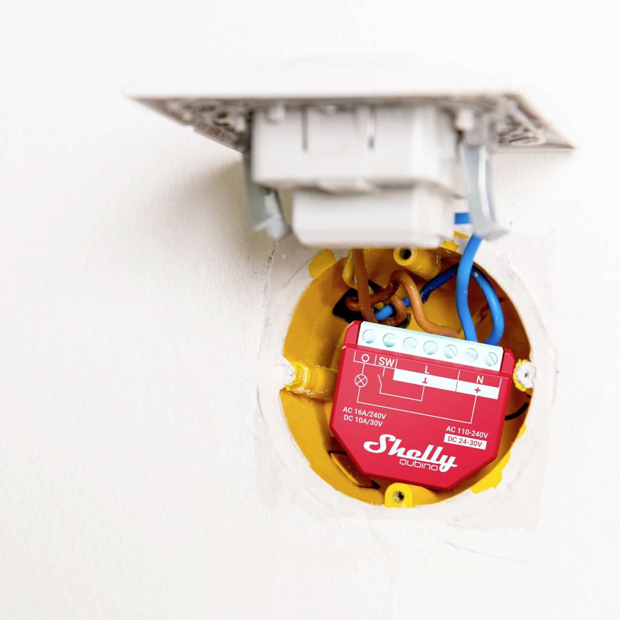 Ein offener Sicherungskasten an der Wand zeigt ein rotes elektrisches Modul mit blauen und braunen Kabeln, zur Steuerung von Geräten.