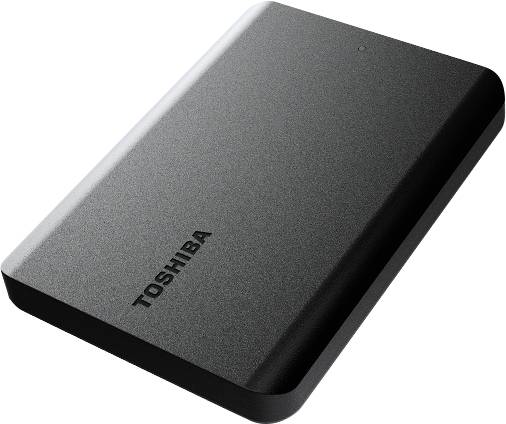 Externe Festplatte in schwarz mit dem Logo 'Toshiba', rechteckiges Design, tragbar, geeignet für Daten-Backup und Speichererweiterung.