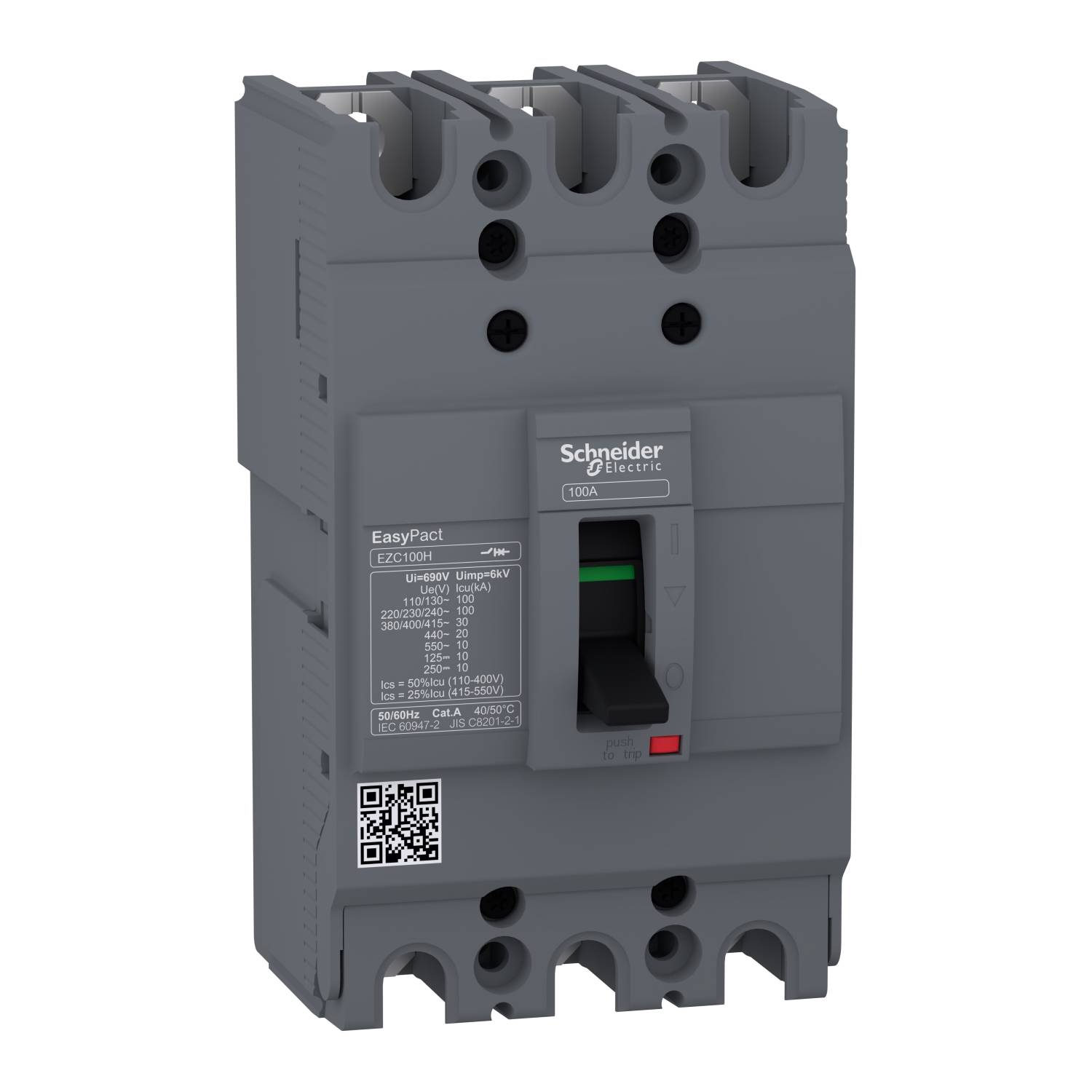 Grauer Leistungsschalter mit der Bezeichnung 'Schneider Electric' und 'EasyPact'. Es zeigt Schaltermodi und technische Spezifikationen.