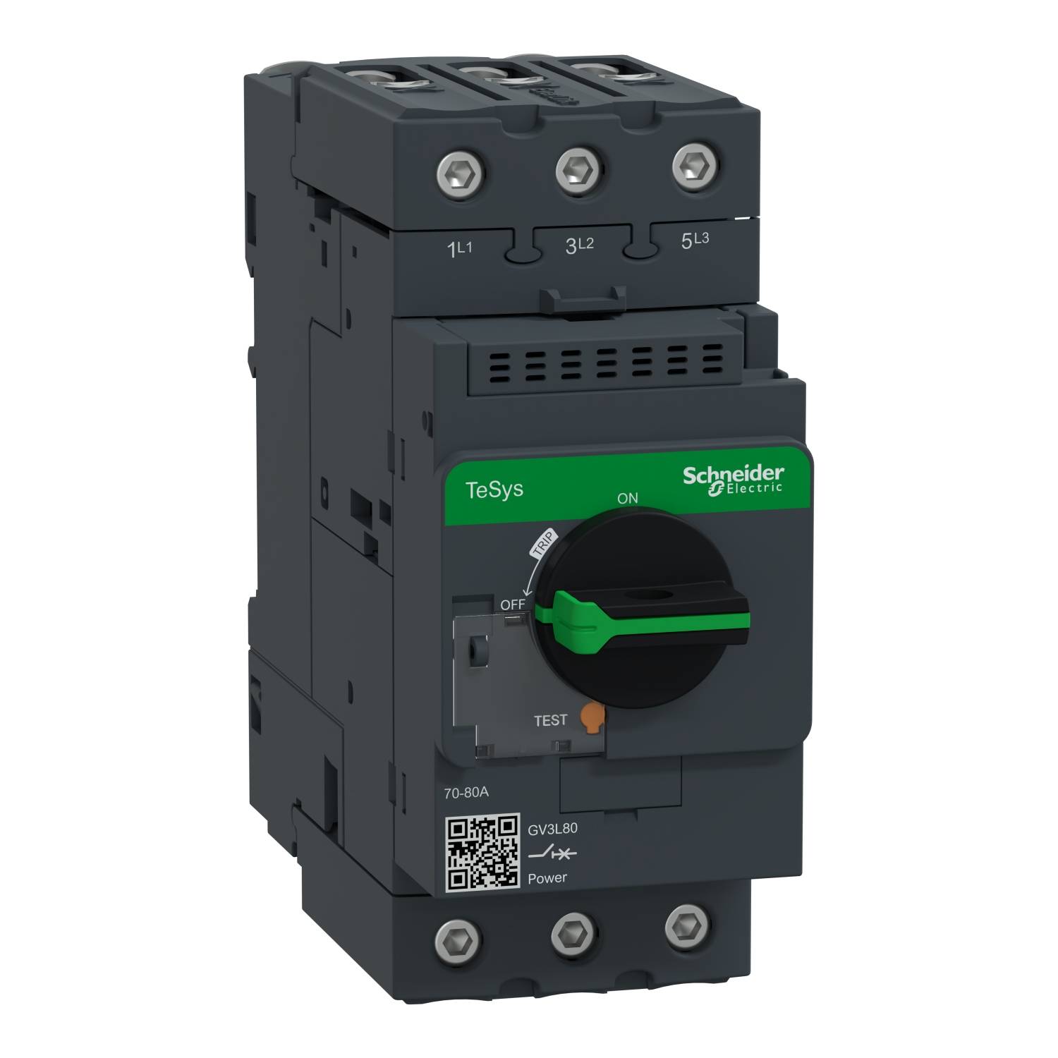 Ein elektronischer Schalter von Schneider Electric aus der TeSys-Reihe. Der Schalter hat eine grüne 'ON'-Anzeige und eine Testfunktion.