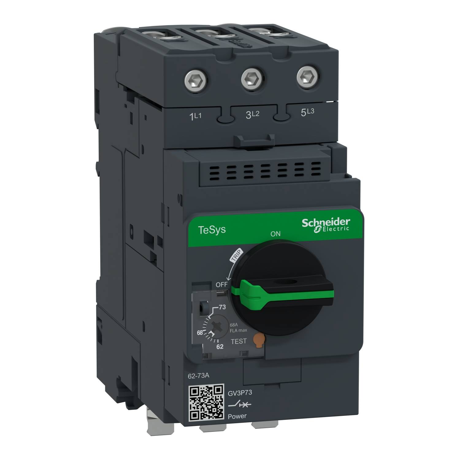 Industrieschalter mit grünem Schaltergriff, Markenlogo von Schneider Electric, Skala für Einstellungen und Beschriftungen auf der Vorderseite.