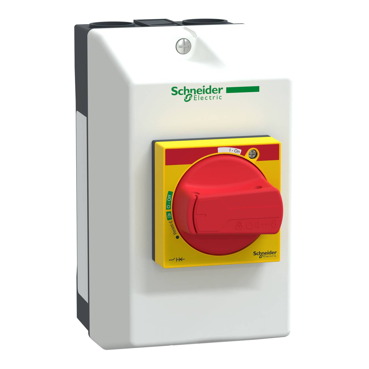 Ein roter Hauptschalter in einem weißen Gehäuse mit Schneider Electric-Logo, geeignet für industrielle Anwendungen, zeigt 'I-O'.